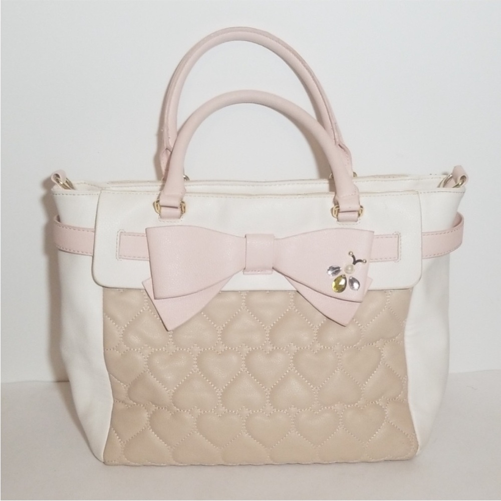 Betsey Johnson Pink Cream Quilted Heart Bow Tote